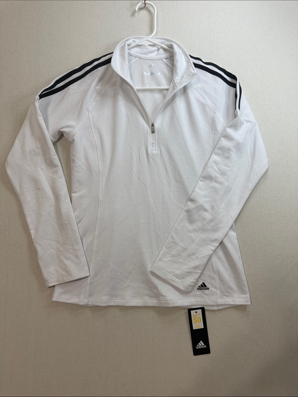 adidas White Long Sleeve 1/4 Zip Top with Black Shoulder Stripes